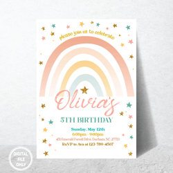 Personalized File Rainbow Birthday Invitation for Girls, Gold Stars Modern, Fun Girls Birthday Invitation| Digital PNG