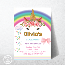Personalized File Unicorn Rainbow Birthday Party Invitation Instant Download Digital File PNG File Only| Digital PNG