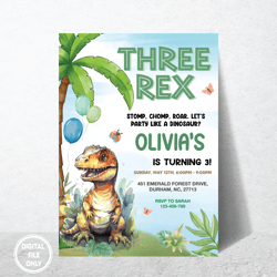 Personalized File Three Rex dinosaur electronic invitation, Instant download Birthday Party Invite Dinosaur| Digital PNG