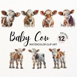 baby cow png | watercolor cow baby clipart | cute baby animals print | farm animals png | nursery wall art | digital art