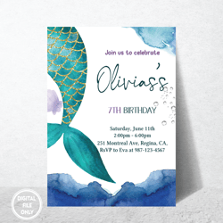 personalized file mermaid birthday invitation under the sea little teal mermaid birthday invitation| digital png