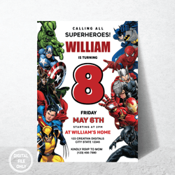 Personalized File Superhero Birthday Invitation | Avengers Party Editable | Superheroes Party Invite| Digital PNG