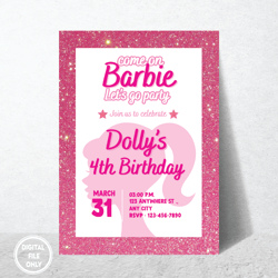 Personalized File Doll Party Invitation, Doll Birthday Party, Pink Birthday Party Invitation, Pink Doll| Digital PNG