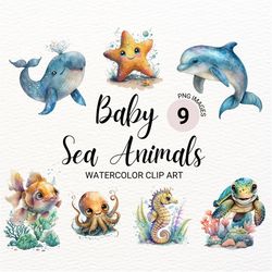 baby sea animals clipart | watercolor ocean png | kawaii summer beach clipart bundle | nursery wall art | digital planne
