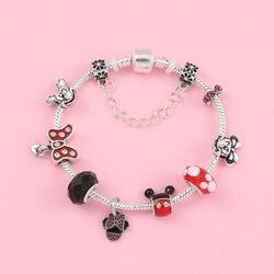Classic Design Red Crystal Mickey Minnie Pendant Bead Bracelet Silver Color Heart Charm Bracelet Pulsera Mujer