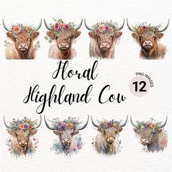 floral highland cow png | highland cow clipart | watercolor clipart | farm animals png | nursery wall art | commercial l