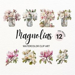 Spring Magnolias PNG | Watercolor Magnolia Clipart Bundle | Magnolia Tree | Flowers Clipart | Floral PNG | Junk Journal