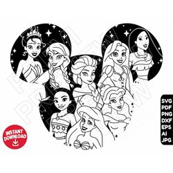 princess svg disneyland ears dxf png , princesses ariel elsa moana belle tiana pocahontas rapunzel , cut file outline si