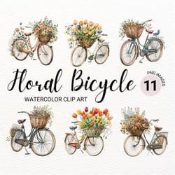 watercolor bicycle clipart | bike with flowers | flower basket bicycle png | spring card | watercolor flower | vintage b