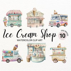 cute ice cream shop clipart | watercolor ice cream clipart | summer clipart | ice cream decor | storefront clipart | sh