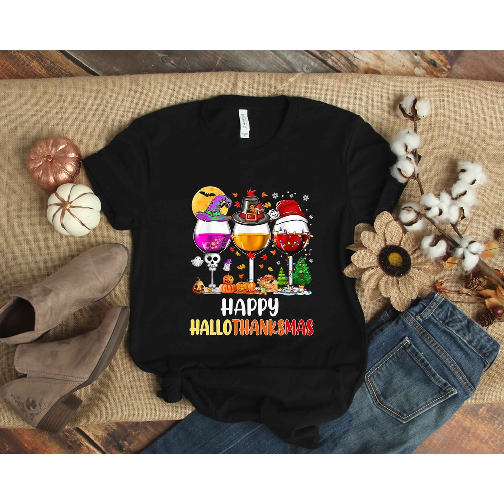 Happy Hallothanksmas Wine T-Shirt, Halloween Wine Glass, Thanksgiving Wine, Funny Wine Halloween Thanksgiving Christmas Shirt, Thanksmas Tee - 1.jpg