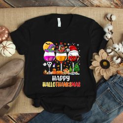 happy hallothanksmas wine t-shirt, halloween wine glass, thanksgiving wine, funny wine halloween thanksgiving christmas