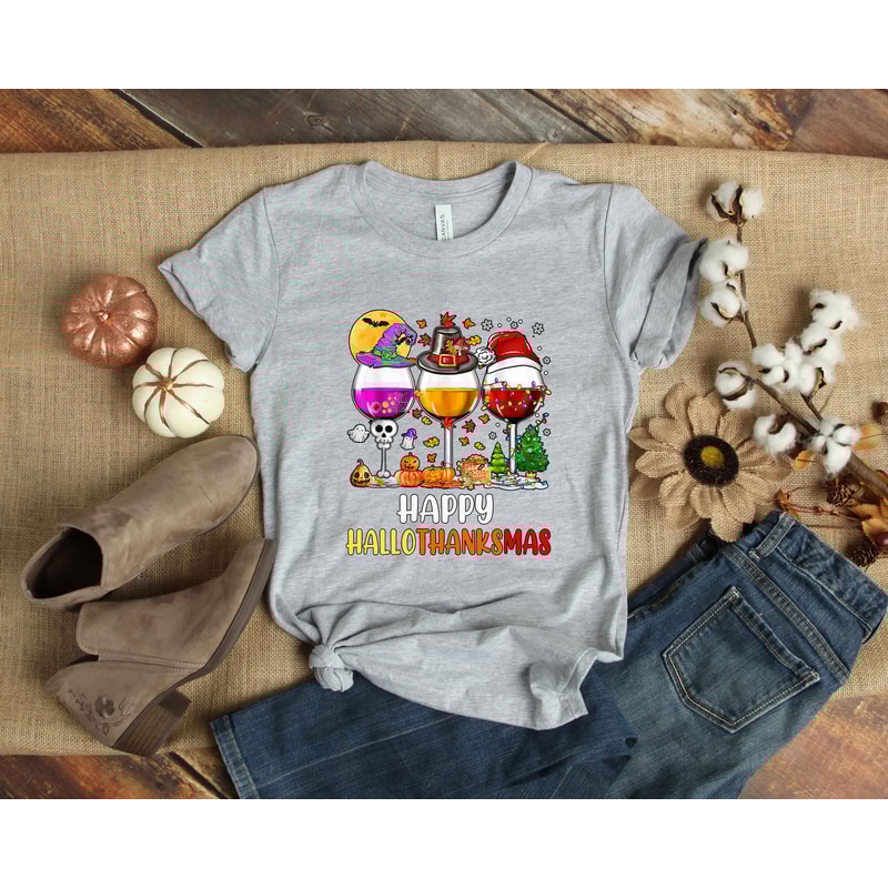 Happy Hallothanksmas Wine T-Shirt, Halloween Wine Glass, Thanksgiving Wine, Funny Wine Halloween Thanksgiving Christmas Shirt, Thanksmas Tee - 2.jpg