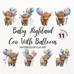 baby highland cow with balloons png | watercolor highland cow clipart | nursery wall art | baby animals clipart bundle |