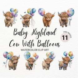 baby highland cow with balloons png | watercolor highland cow clipart | nursery wall art | baby animals clipart bundle |