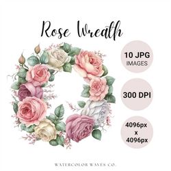 roses wreath clipart | floral jpg | white roses clipart | watercolor rose clipart bundle | digital planner | junk journa