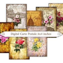 digital15 vintage floral cards. carte postale ephemera for junk journals, scrapbooks, decoupage, papercrafts, cardmaking