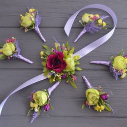 Hot pink green wrist corsage Flower boutonniere Bright floral accessories Colorful flower bracelet Groomsmen buttonhole
