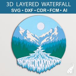 3D layered waterfall in the mountains template – SVG for Cricut, DXF for Silhouette, FCM for Brother cut files
