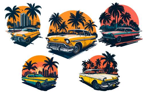 Classic Cars on Sunshine Background 15 PNG Files Sublimation Digital Vector File