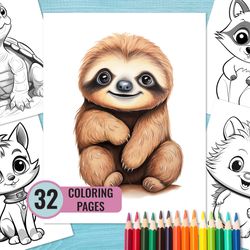 Cute Animals Coloring Book, 32 Printable PDF Pages for Kids, Cartoon Baby Animals Coloring Page, Instant Download