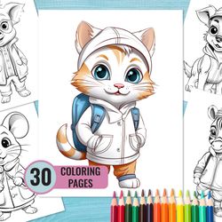 Cute Animal in Clothes Coloring Book, 30 Printable Pages for Kids and Adult, Cartoon Animals Back to School Coloring Pag