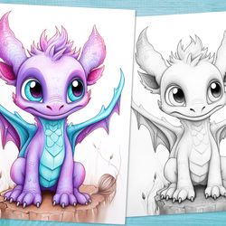 Baby Dragon Fantasy Coloring Book, 33 Printable PDF Pages for Kids, Cartoon Woodland Dragons Coloring Page, Instant Down