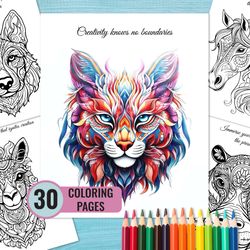 Animal Mandala Coloring Book, 30 Inspiring Printable Pages for Adult and Kids, Relaxation Coloring Pages, Instant Downlo