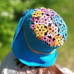 Sun hat women, summer ladies hat, basket hat women, panama hat for women, crochet boonie hat, blue hat with flowers