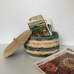 Green - beige Cotton rope basket 21.5 cm x 15 cm
