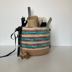 rope basket with leather handles 21 cm x 24 cm storage organizer