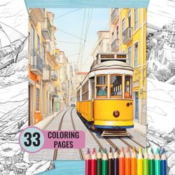 Landscape Coloring Pages, 33 Printable Scenery Coloring Book for Adult, Cityscape Grayscale Coloring Page, download