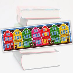 Cross stitch bookmark pattern Little Town, Bookmark embroidery pattern, Modern cross stitch, Gift for book lover
