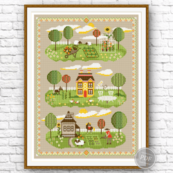 Sampler Summer Village Cross Stitch Pattern Embroidery Digital PDF File Instant Download 351