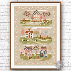 Sampler Spring Village Cross Stitch Pattern Embroidery Digital PDF File Instant Download 353