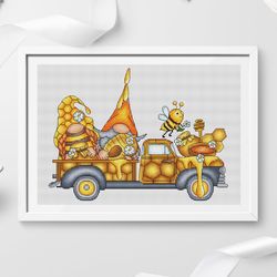 Honey truck cross stitch pattern PDF, Gnomes cross stitch, Honey gnome, Honey cross stitch, Bee cross stitch
