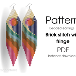 Beaded earrings PATTERN for brick stitch with fringe - Sunset, mountains pattern - Instant download