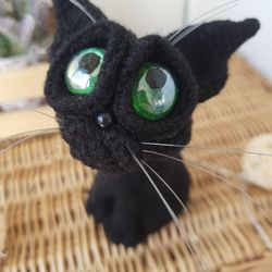 Black cat sculpture realistic pet replica 6 inch. Handmade custom interior Sphynx cat toy for house decor. Green eyes