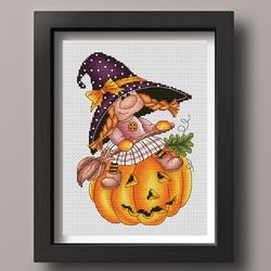 Little witch cross stitch pattern PDF, Gnome cross stitch, Halloween gnome girl, Fall gnome, Halloween cross stitch