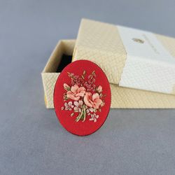 Ribbon embroidered red brooch, 4th wedding anniversary gift, custom embroidery bouquet