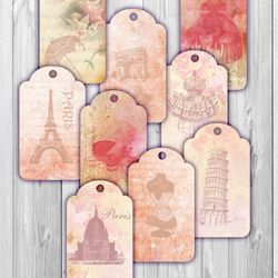 Printable Vintage French Ephemera Paris Gift Tags Collage Sheet Digital Gift Tags Instant Download