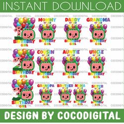 cocomelon birthday girl png, cocomelon family png, cocomelon party family matching shirt, cocomelon bundle png, watermel