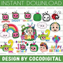 cocomelon personalized name and ages birthday svg, cocomelon brithday bundle png,cocomelon family birthday png, watermel