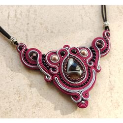 Burgundy necklace with Agate stone, Soutache Embroidered statement necklace, Boho ethnic necklace