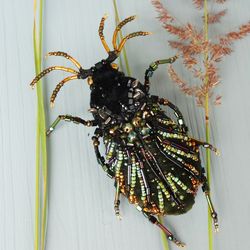 Big Beetle Realistic Handmade Brooch with Beads Embroidery