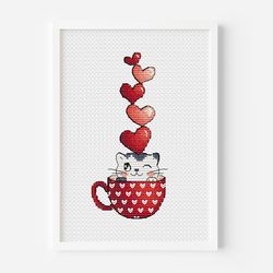 Cat Cross Stitch Pattern PDF, Valentine's Day Cross Stitch, Instant Download, Love Cross Stitch, Heart Cross Stitch