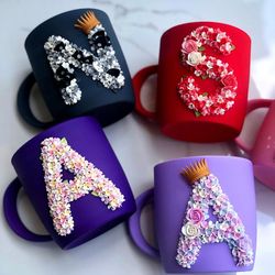 Floral Letter Mug, Custom Mug, Name Mug, Personalised Mug, Letter , custom letter, polymer clay mug, funny ceramic cup