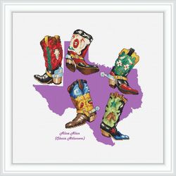 Cross stitch pattern Cowboy boots map silhouette state Texas United States America USA country shoes sampler PDF