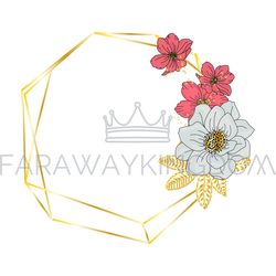 red grey flowers on golden frame vector illustration set