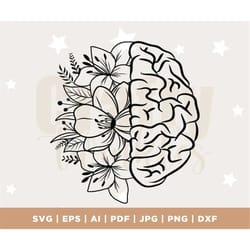 mental health svg, flower brain svg, wildflower svg, human brain clipart, anatomy design, medical clipart, silhouette, c